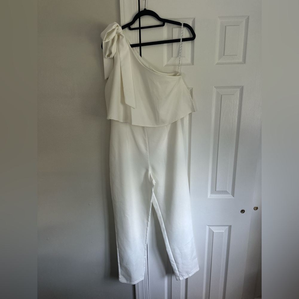 Dress the Population White One-Shoulder Jumpsuit with Bow Detail